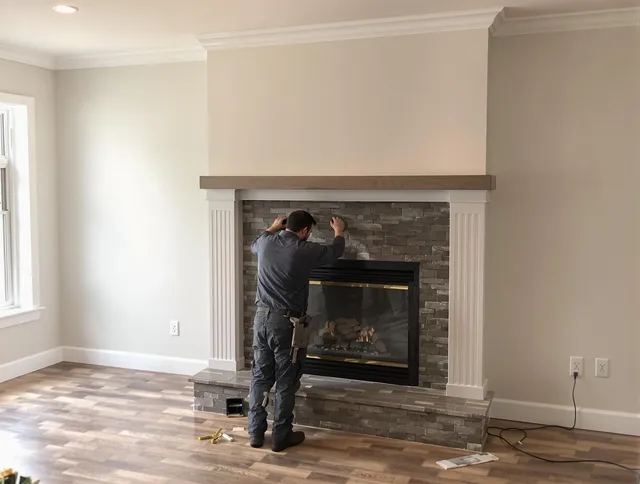 Winthrop Chimney Sweep finishing a custom fireplace install in Winthrop, MA